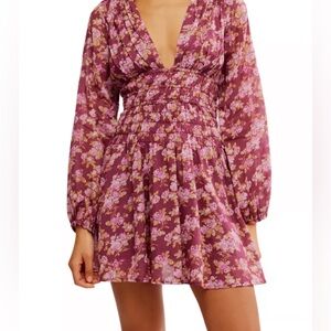 NWT Free People Keep You Mine Long Sleeve Printed Mini Dress in Berry Combo